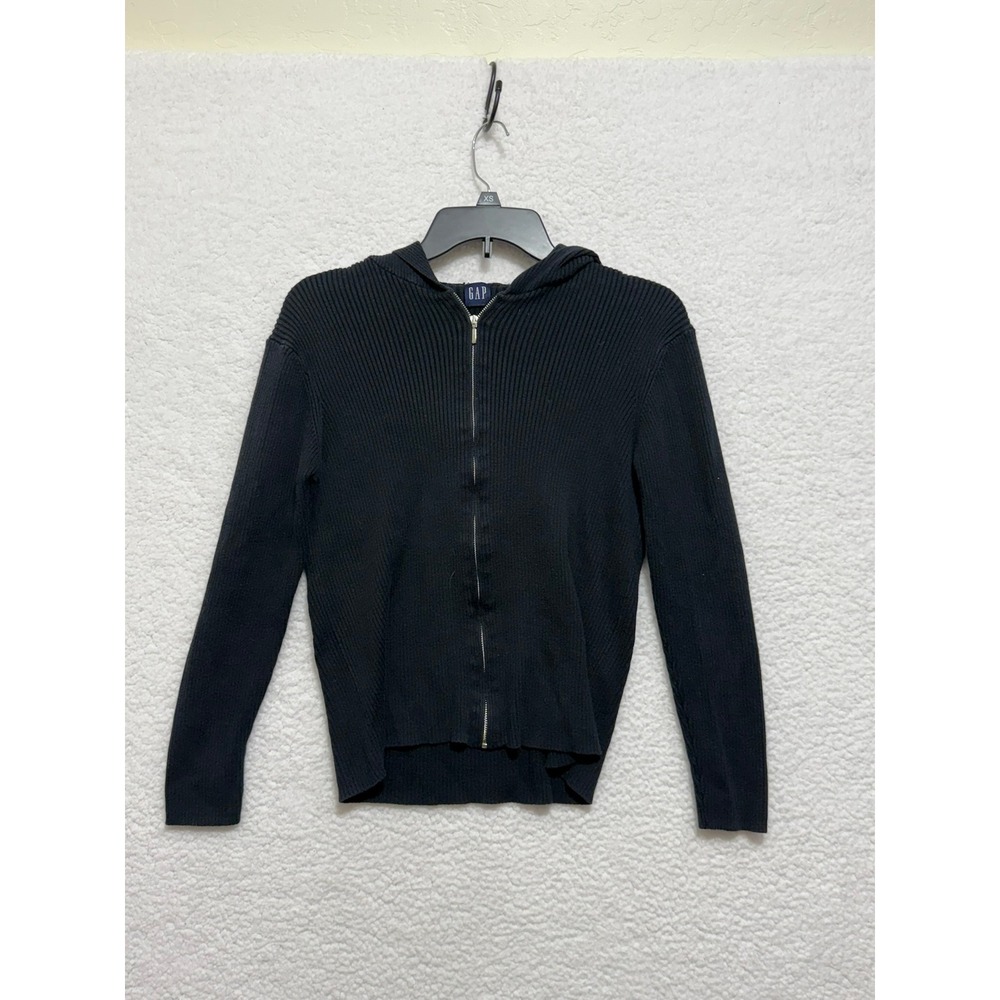 GAP Black Ribbed Knit Full Zip Hoodie Sweater Womens XS‎